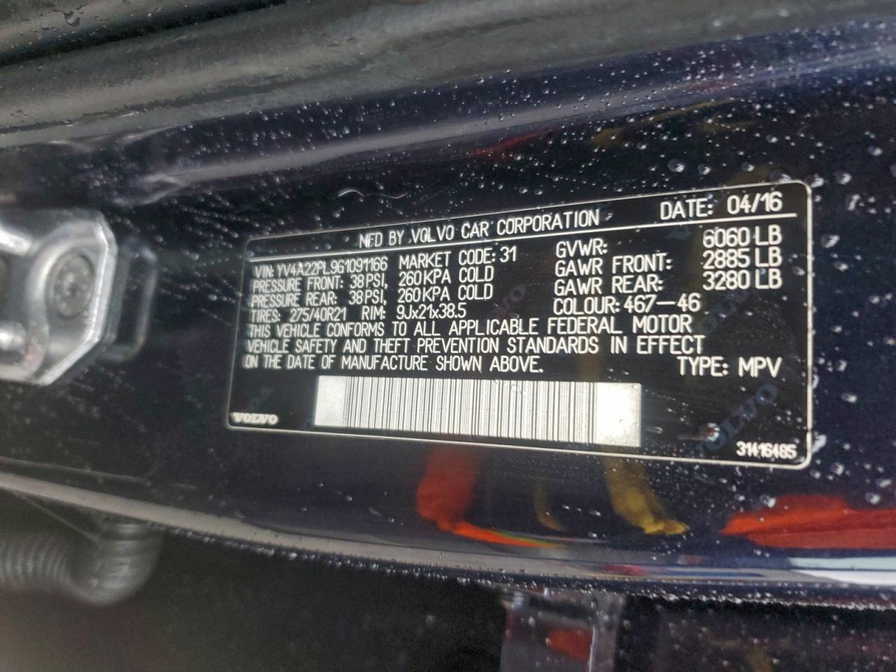 2016 Volvo Xc90 T6 VIN: YV4A22PL9G1091166 Lot: 95941495