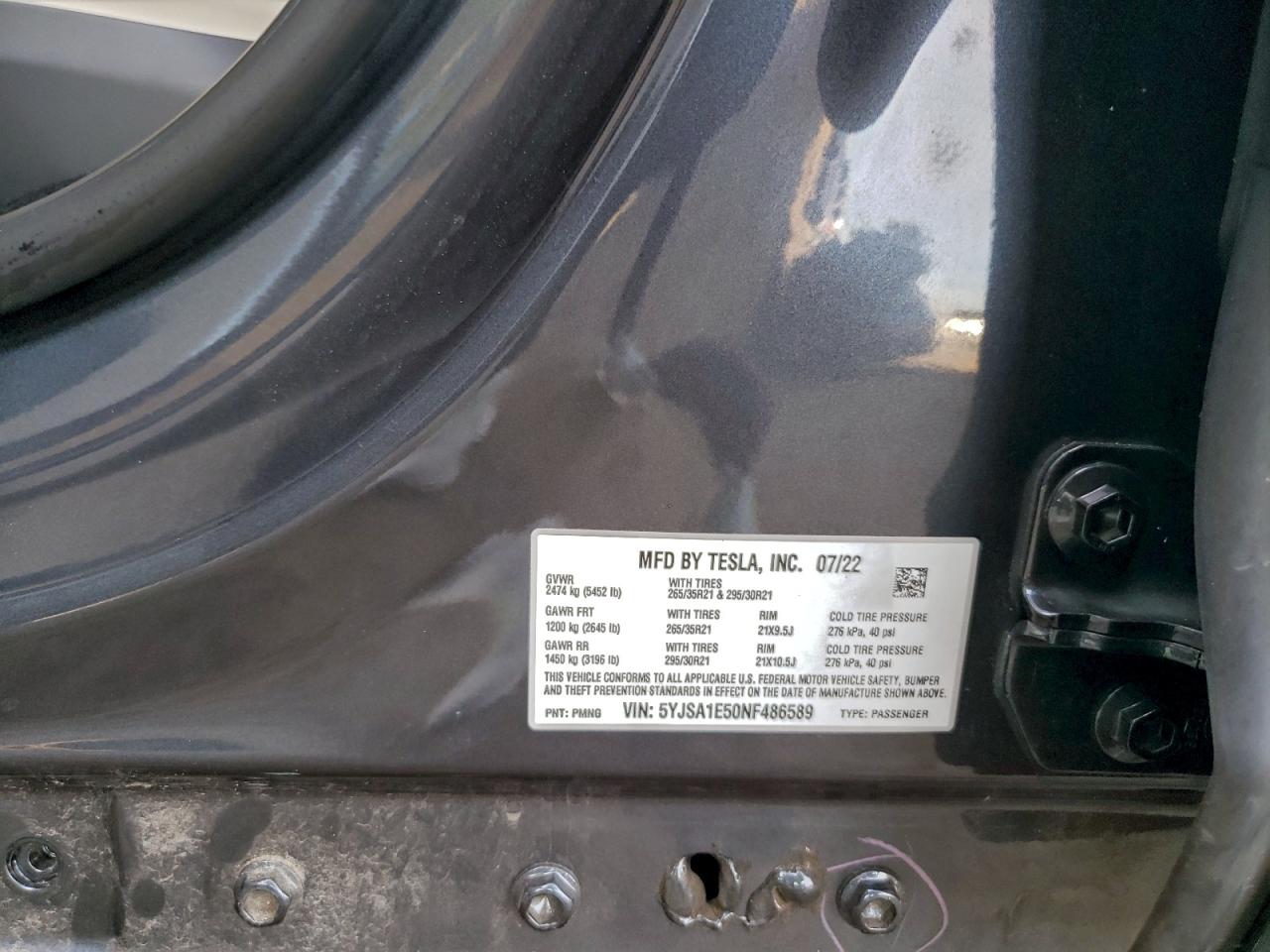 2022 Tesla Model S VIN: 5YJSA1E50NF486589 Lot: 85444995