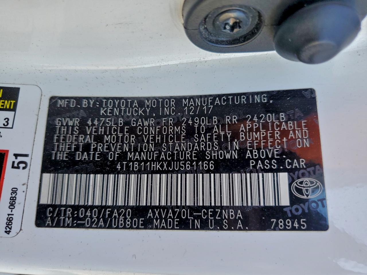 2018 Toyota Camry L VIN: 4T1B11HKXJU561166 Lot: 95608325