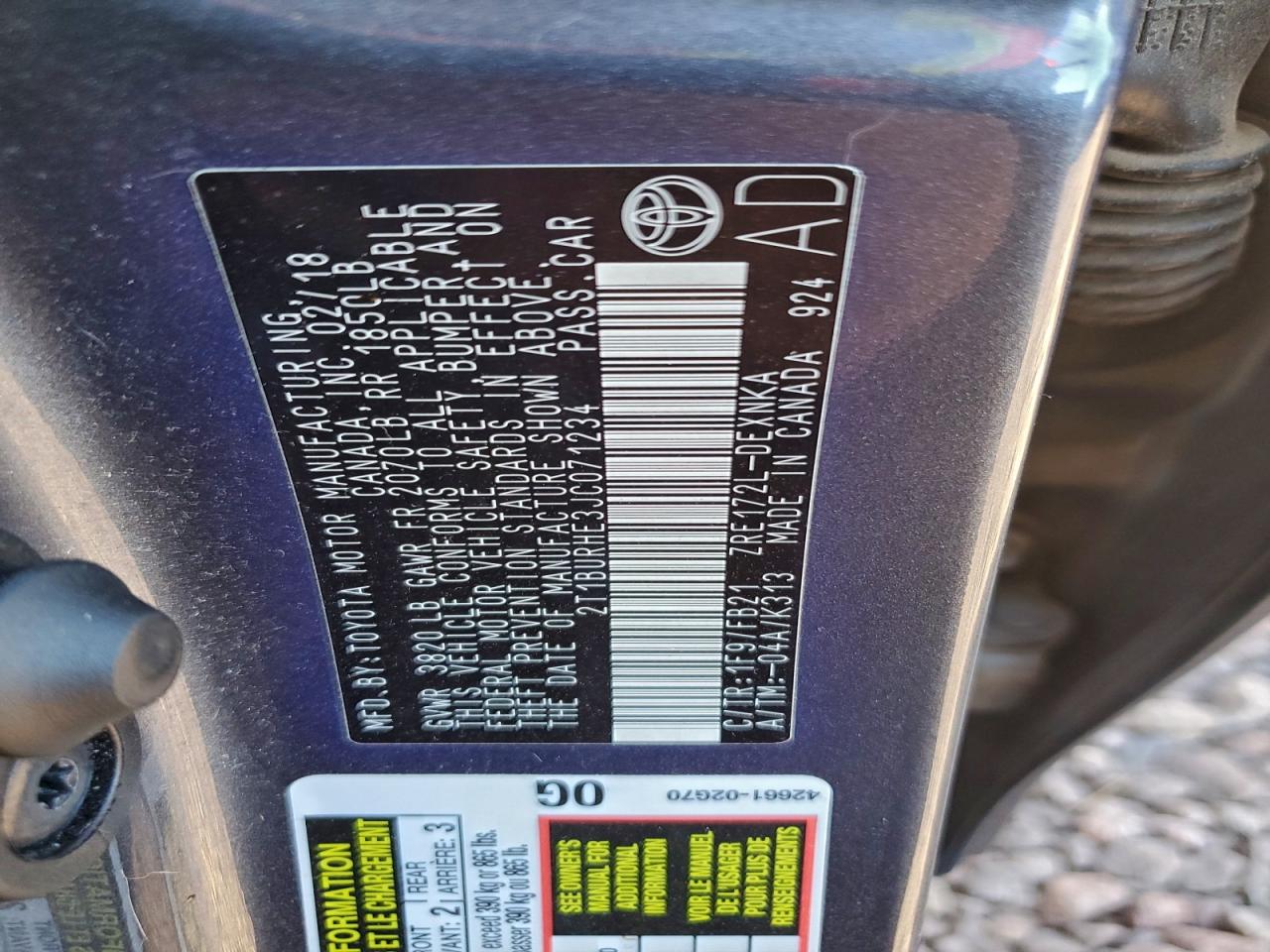 2018 Toyota Corolla L VIN: 2T1BURHE3JC071234 Lot: 94512605