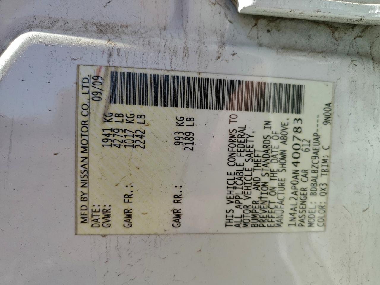 2010 Nissan Altima Base VIN: 1N4AL2AP0AN400783 Lot: 95265725