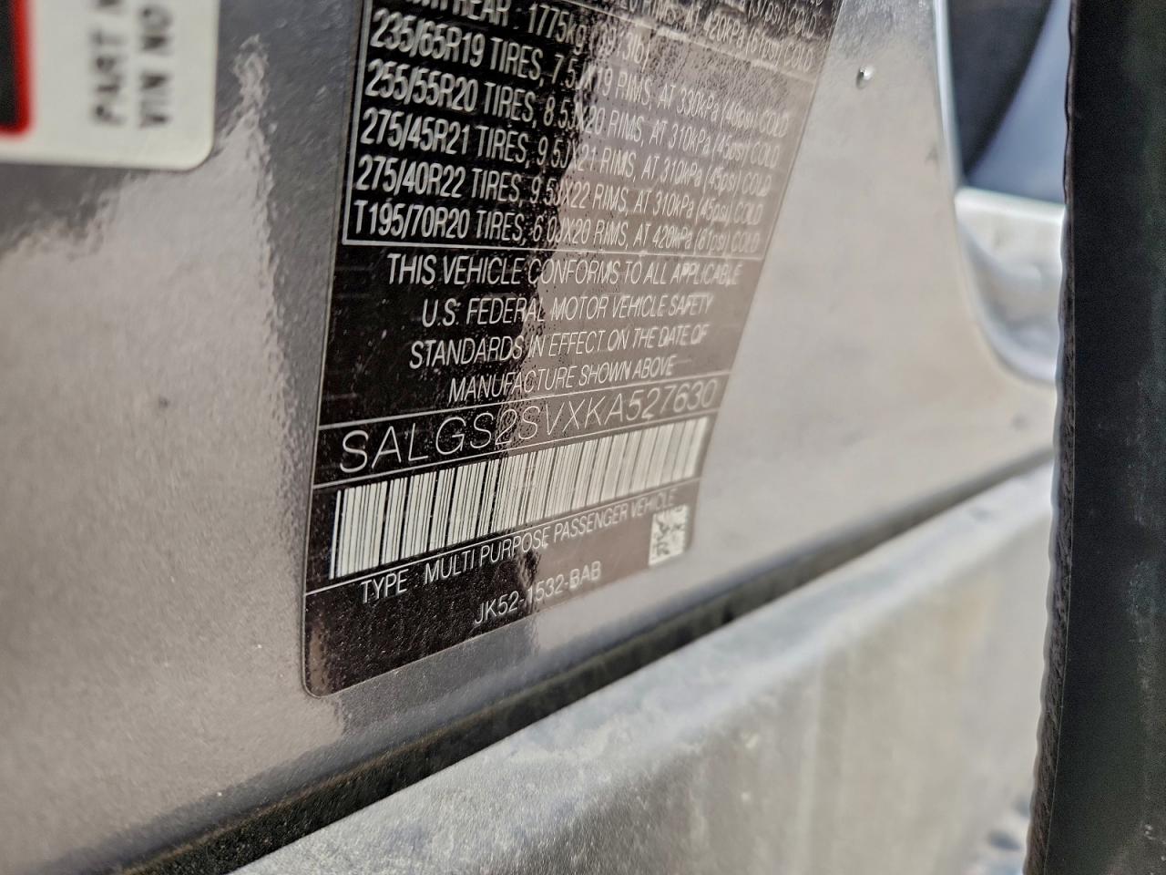 2019 Land Rover Range Rover Hse VIN: SALGS2SVXKA527630 Lot: 95420465