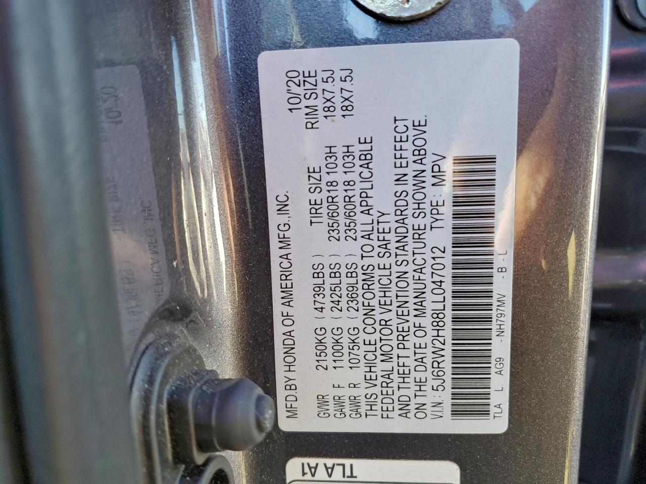 2020 Honda Cr-V Exl VIN: 5J6RW2H88LL047012 Lot: 95394675