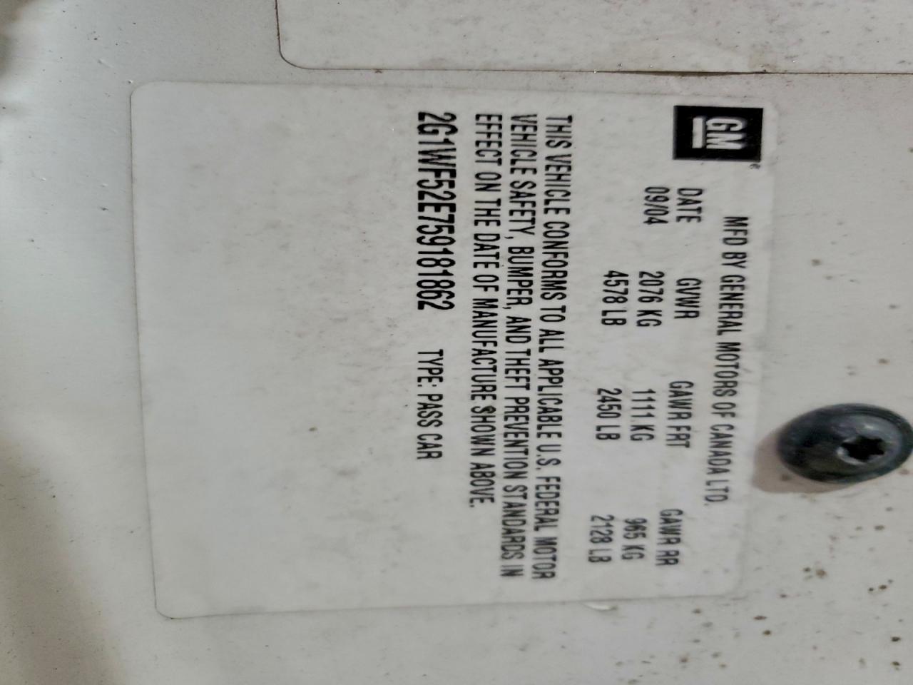 2005 Chevrolet Impala VIN: 2G1WF52E759181862 Lot: 96765475