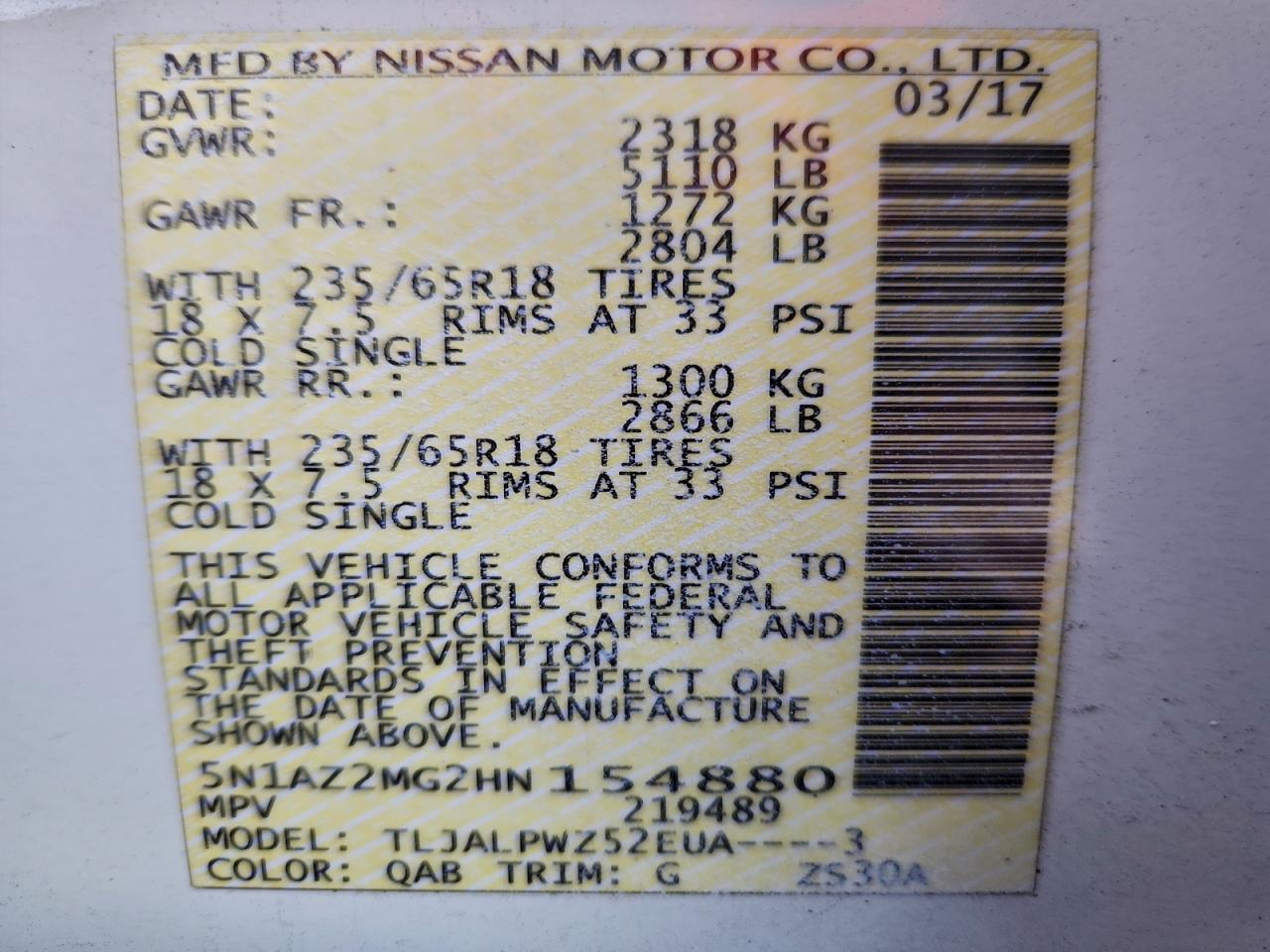 2017 Nissan Murano S VIN: 5N1AZ2MG2HN154880 Lot: 95003185