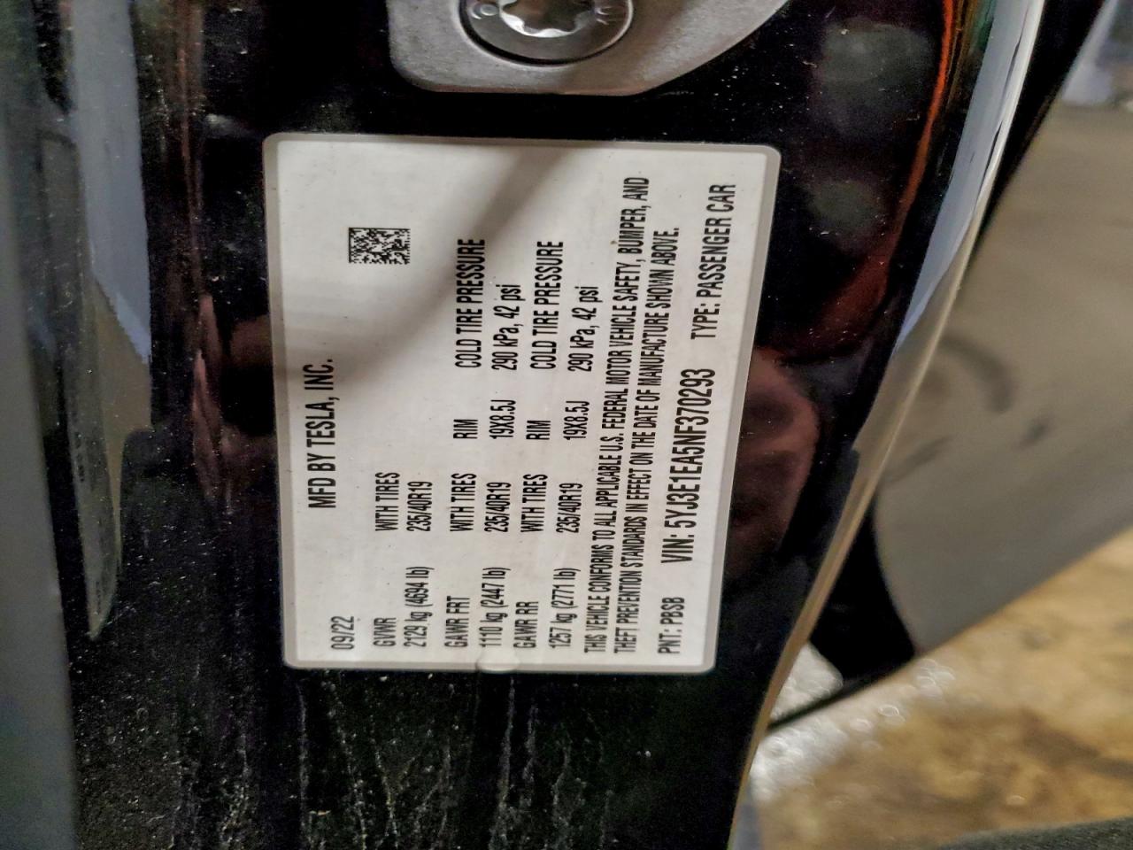 2022 Tesla Model 3 VIN: 5YJ3E1EA5NF370293 Lot: 94642395