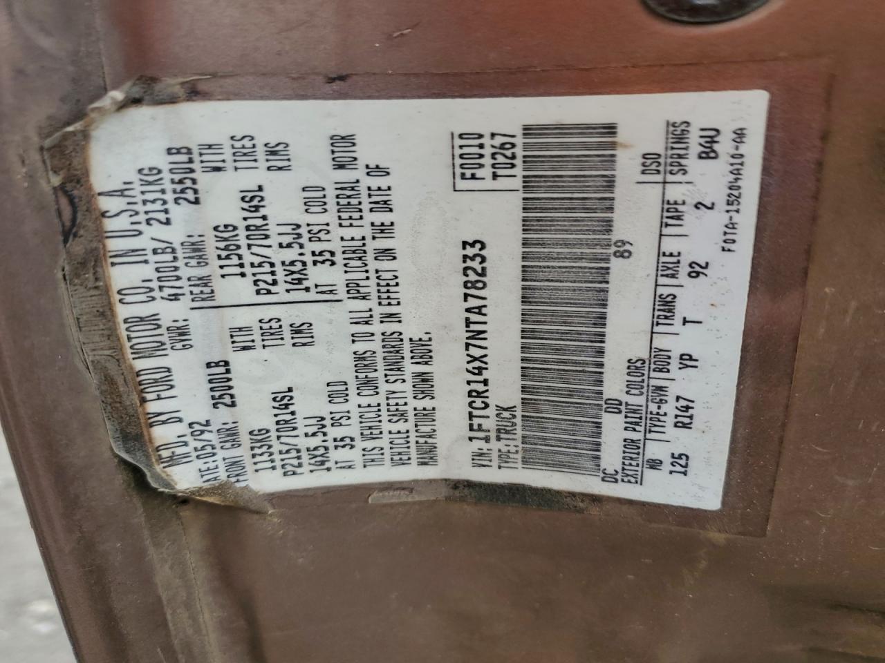 1992 Ford Ranger Super Cab VIN: 1FTCR14X7NTA78233 Lot: 95480875