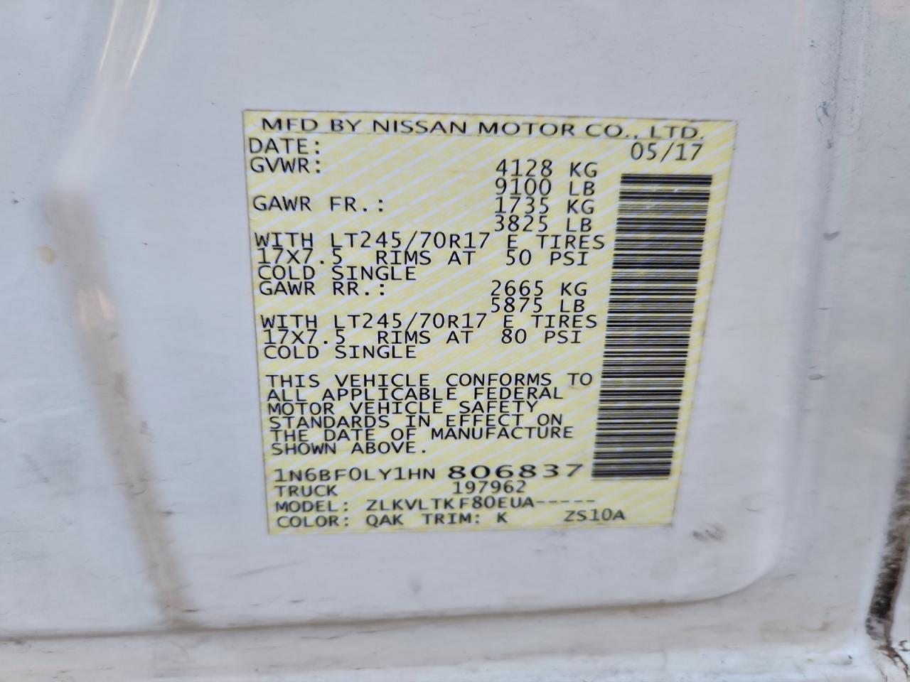 2017 Nissan Nv 2500 S VIN: 1N6BF0LY1HN806837 Lot: 96131665