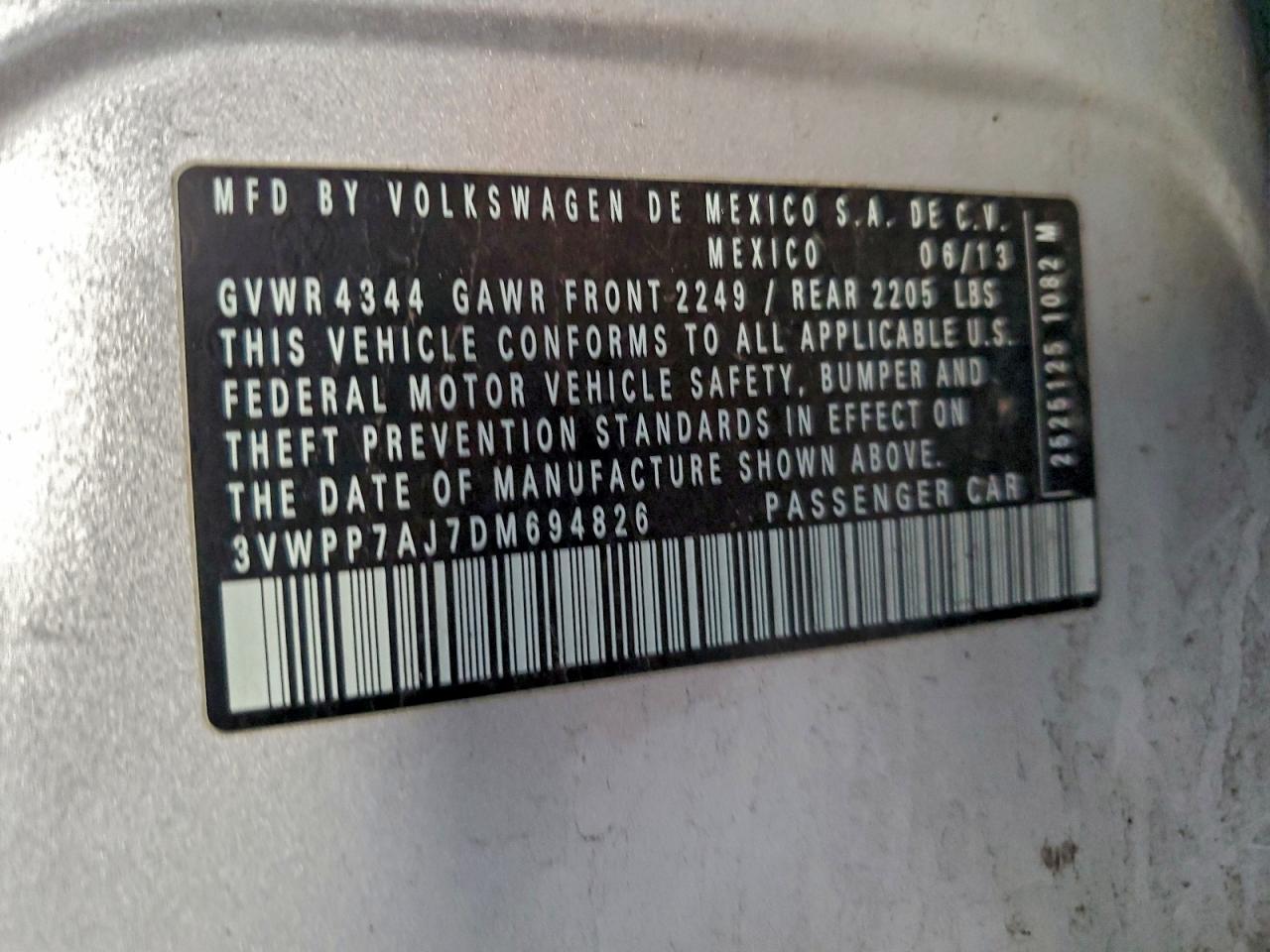 2013 Volkswagen Jetta S VIN: 3VWPP7AJ7DM694826 Lot: 96752445