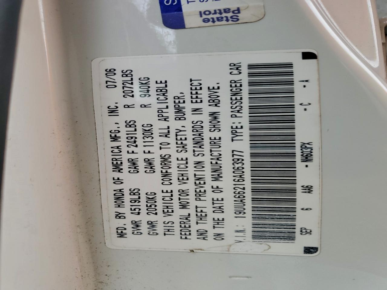 2006 Acura 3.2Tl VIN: 19UUA66216A063977 Lot: 95096655