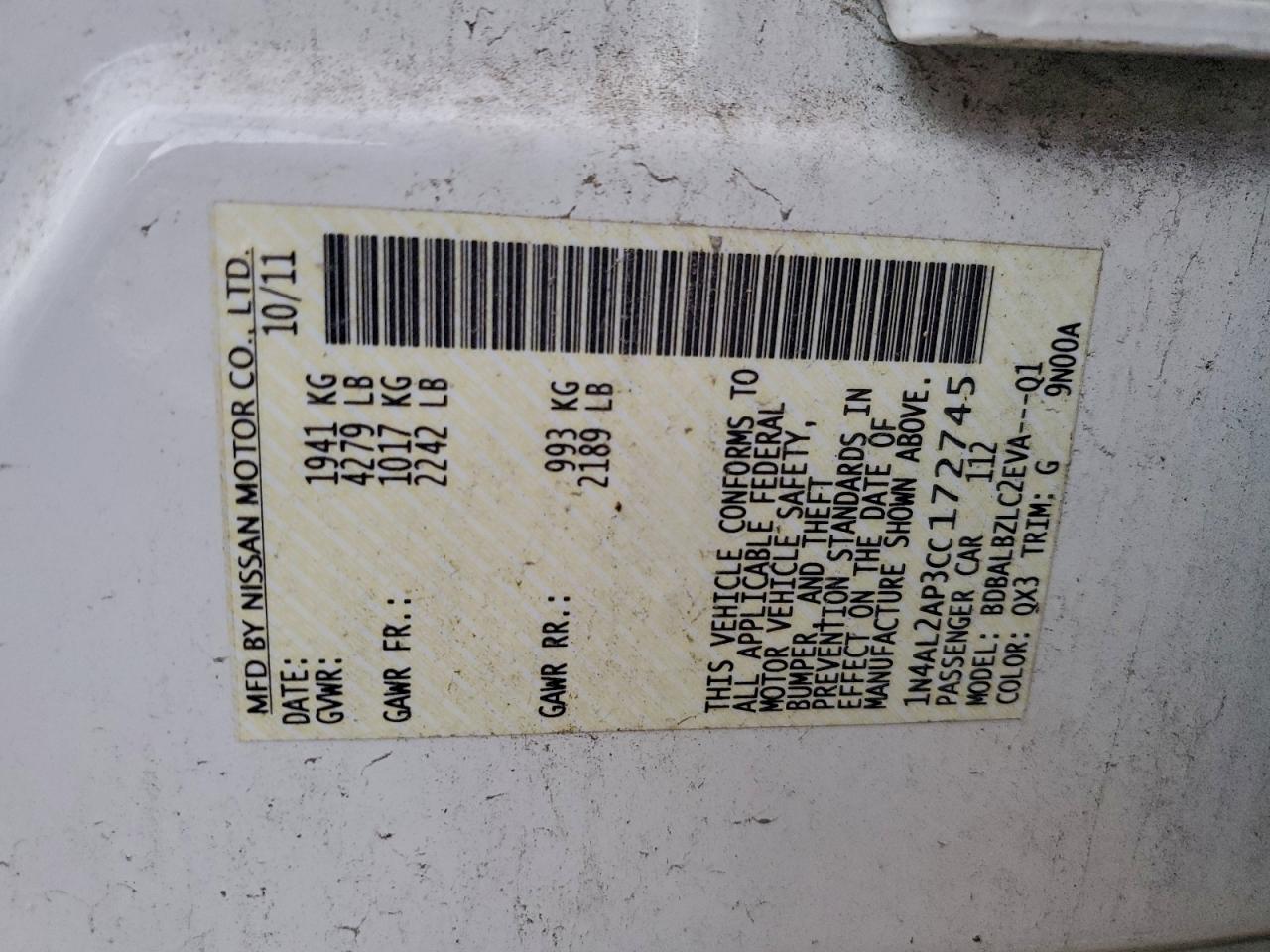 2012 Nissan Altima Base VIN: 1N4AL2AP3CC172745 Lot: 86861765