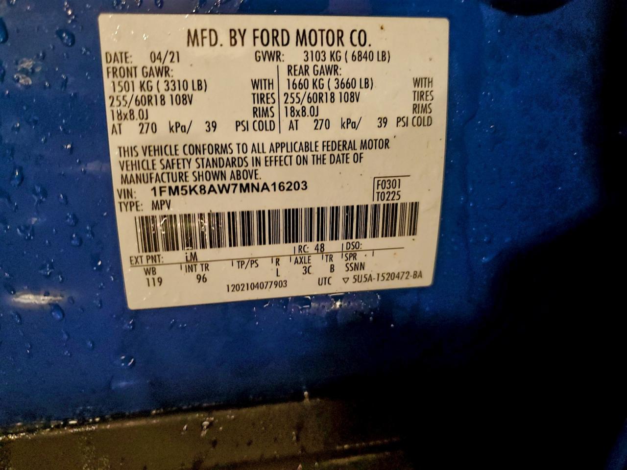 2021 Ford Explorer Police Interceptor VIN: 1FM5K8AW7MNA16203 Lot: 94994395