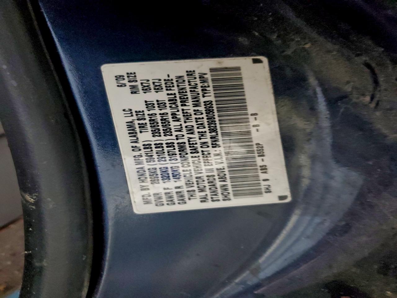 2009 Honda Odyssey Lx VIN: 5FNRL38239B058933 Lot: 95345485