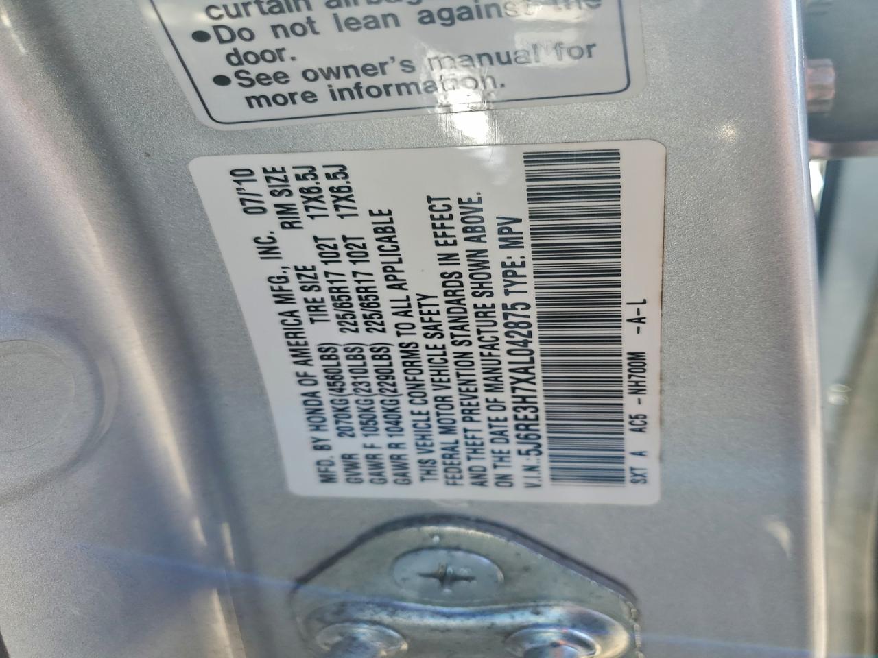 2010 Honda Cr-V Exl VIN: 5J6RE3H7XAL042875 Lot: 95572575