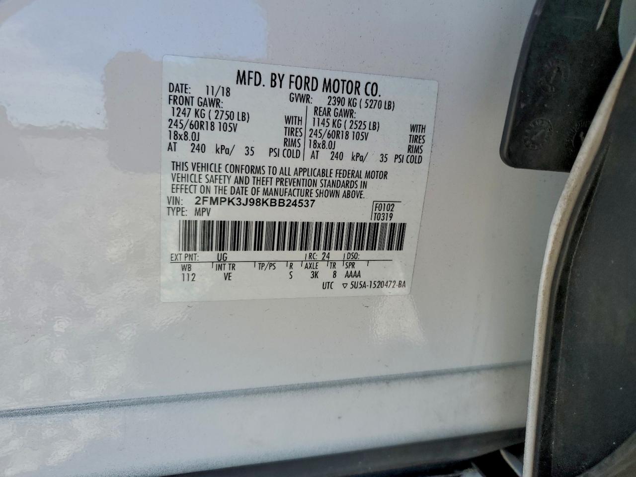 2019 Ford Edge Sel VIN: 2FMPK3J98KBB24537 Lot: 96475455