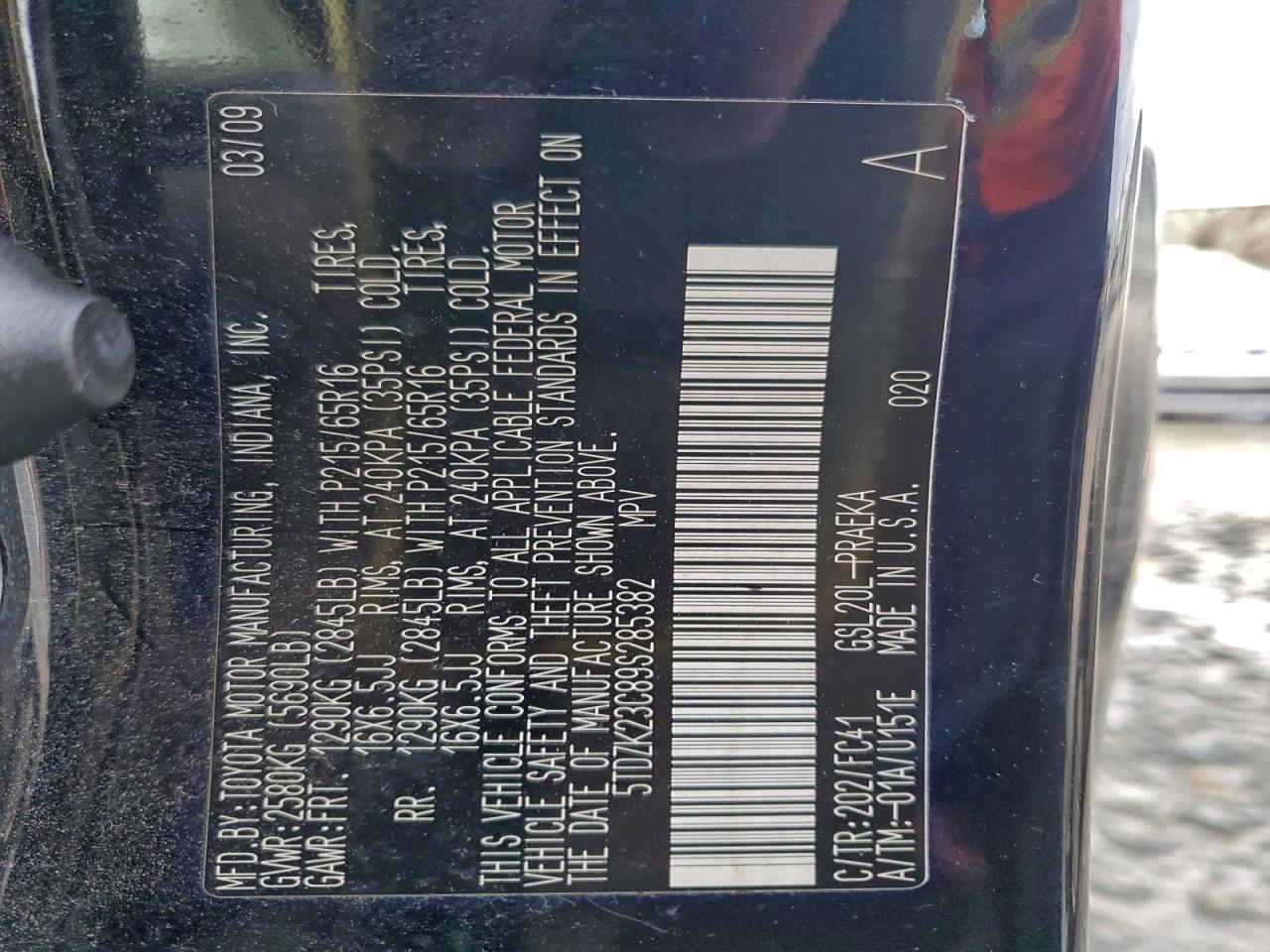 2009 Toyota Sienna Ce VIN: 5TDZK23C89S285382 Lot: 94689615