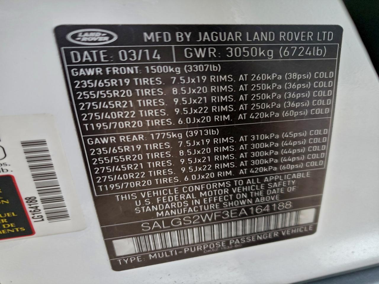 2014 Land Rover Range Rover Hse VIN: SALGS2WF3EA164188 Lot: 96369265