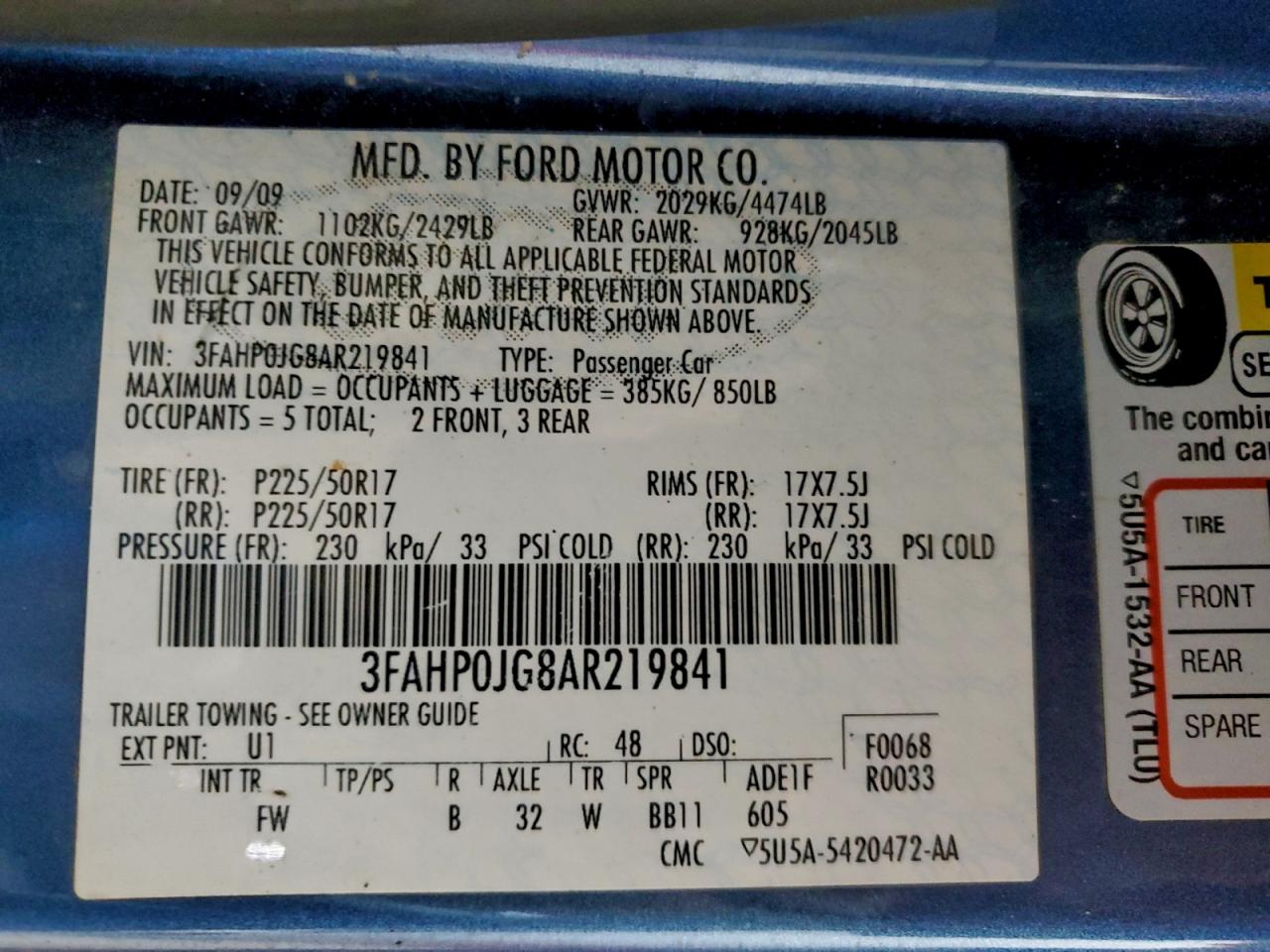 2010 Ford Fusion Sel VIN: 3FAHP0JG8AR219841 Lot: 94306575