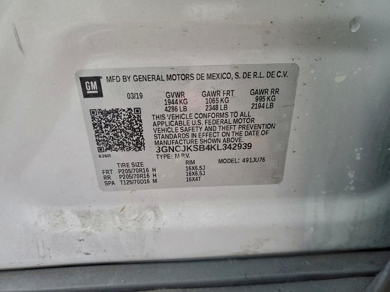 2019 Chevrolet Trax Ls VIN: 3GNCJKSB4KL342939 Lot: 95860535