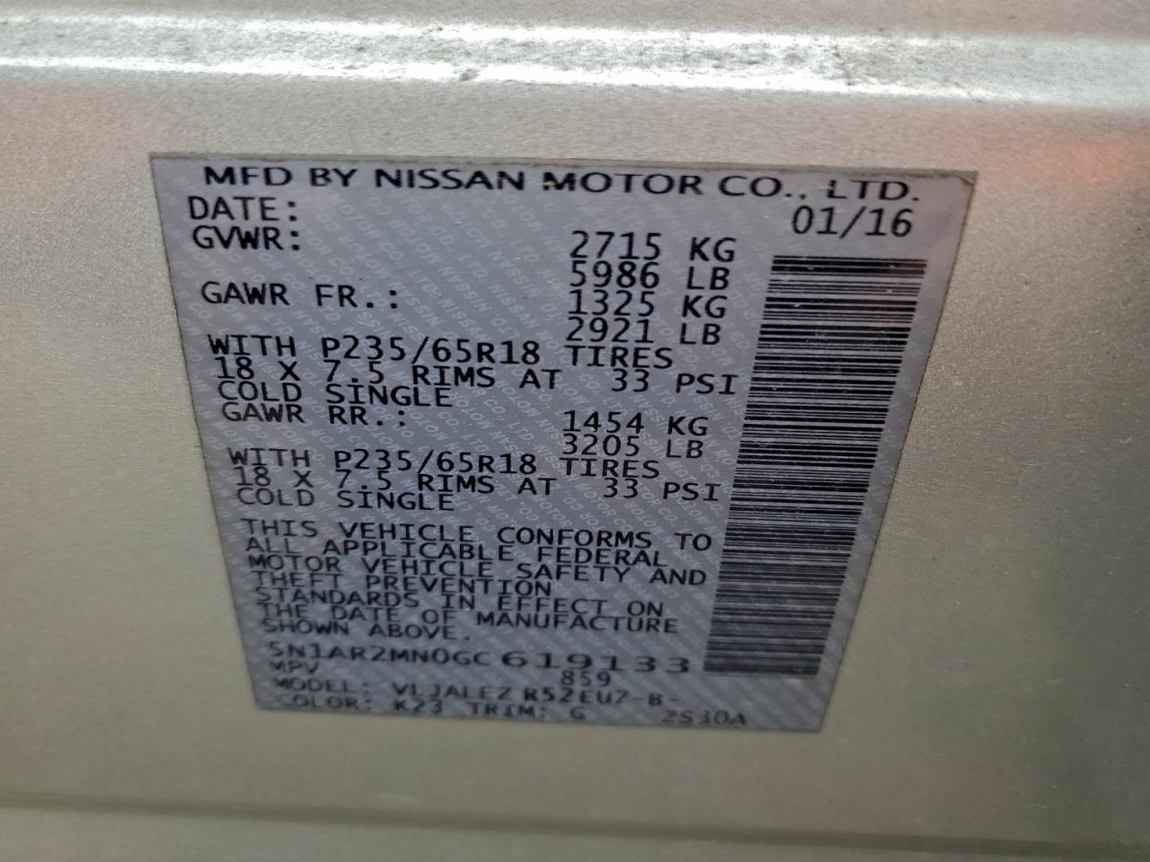 2016 Nissan Pathfinder S VIN: 5N1AR2MN0GC619133 Lot: 94246515