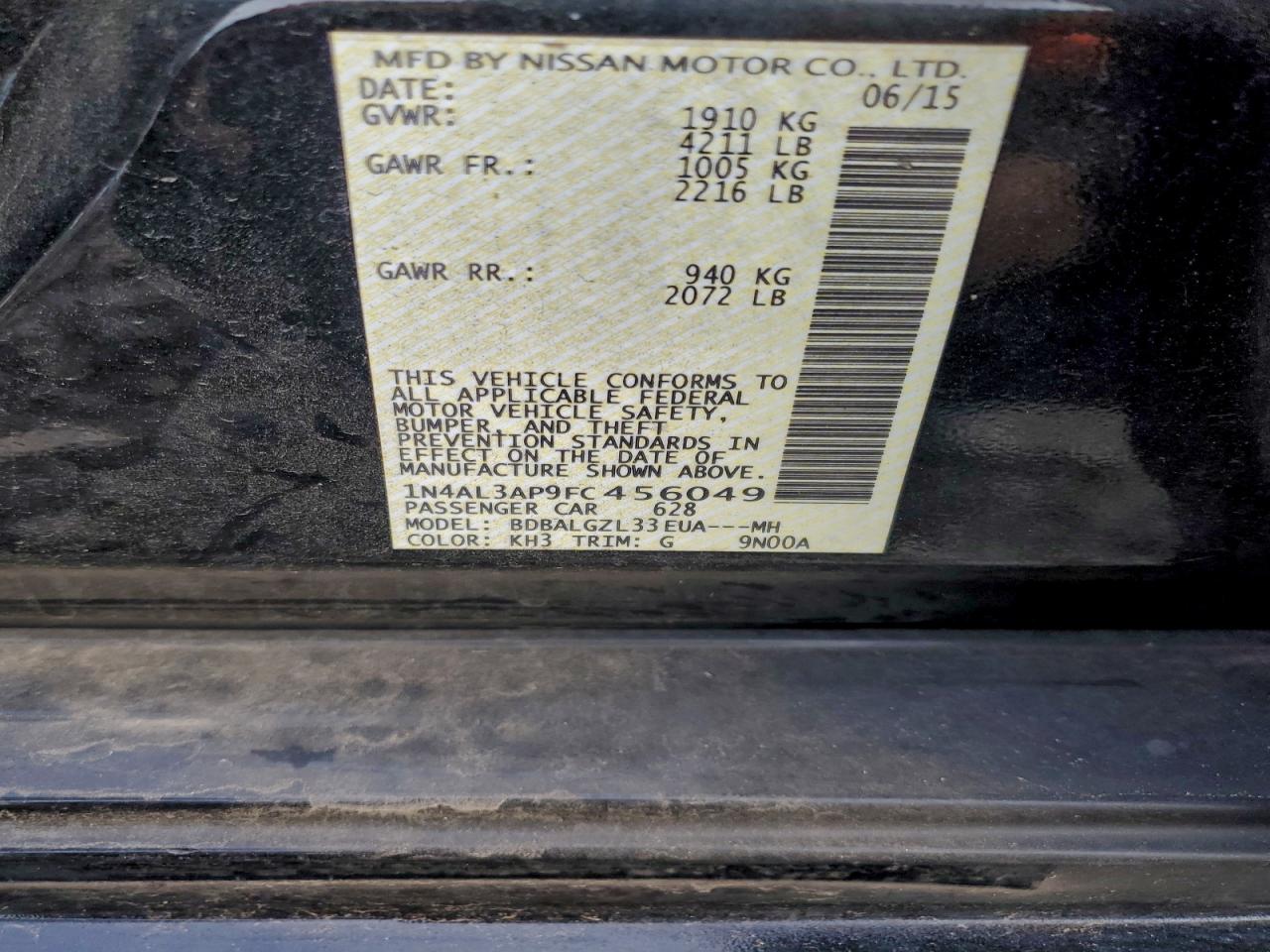 2015 Nissan Altima 2.5 VIN: 1N4AL3AP9FC456049 Lot: 95280945