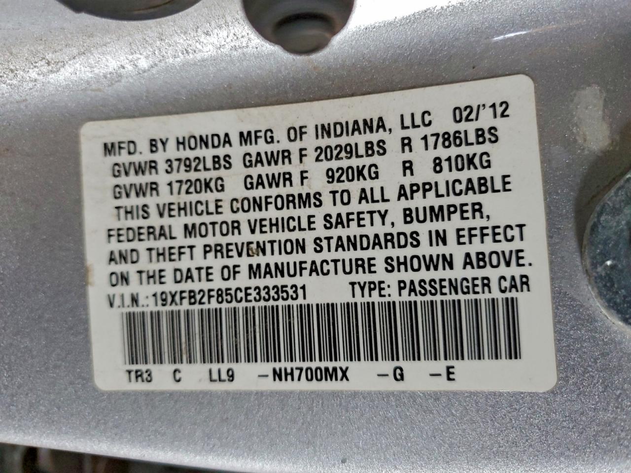 2012 Honda Civic Ex VIN: 19XFB2F85CE333531 Lot: 95428335