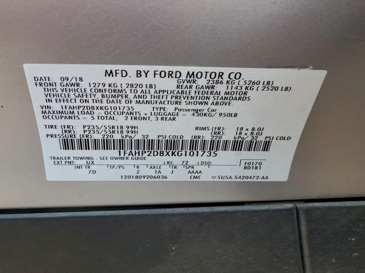 2019 Ford Taurus Se VIN: 1FAHP2D8XKG101735 Lot: 96597455