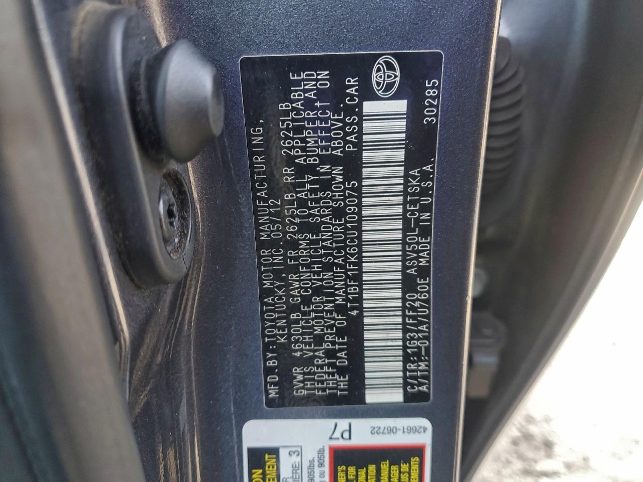 2012 Toyota Camry Base VIN: 4T1BF1FK6CU109075 Lot: 95325725