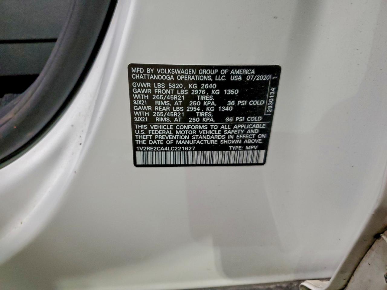 2020 Volkswagen Atlas Cross Sport Sel R-Line VIN: 1V2RE2CA4LC221627 Lot: 96113465