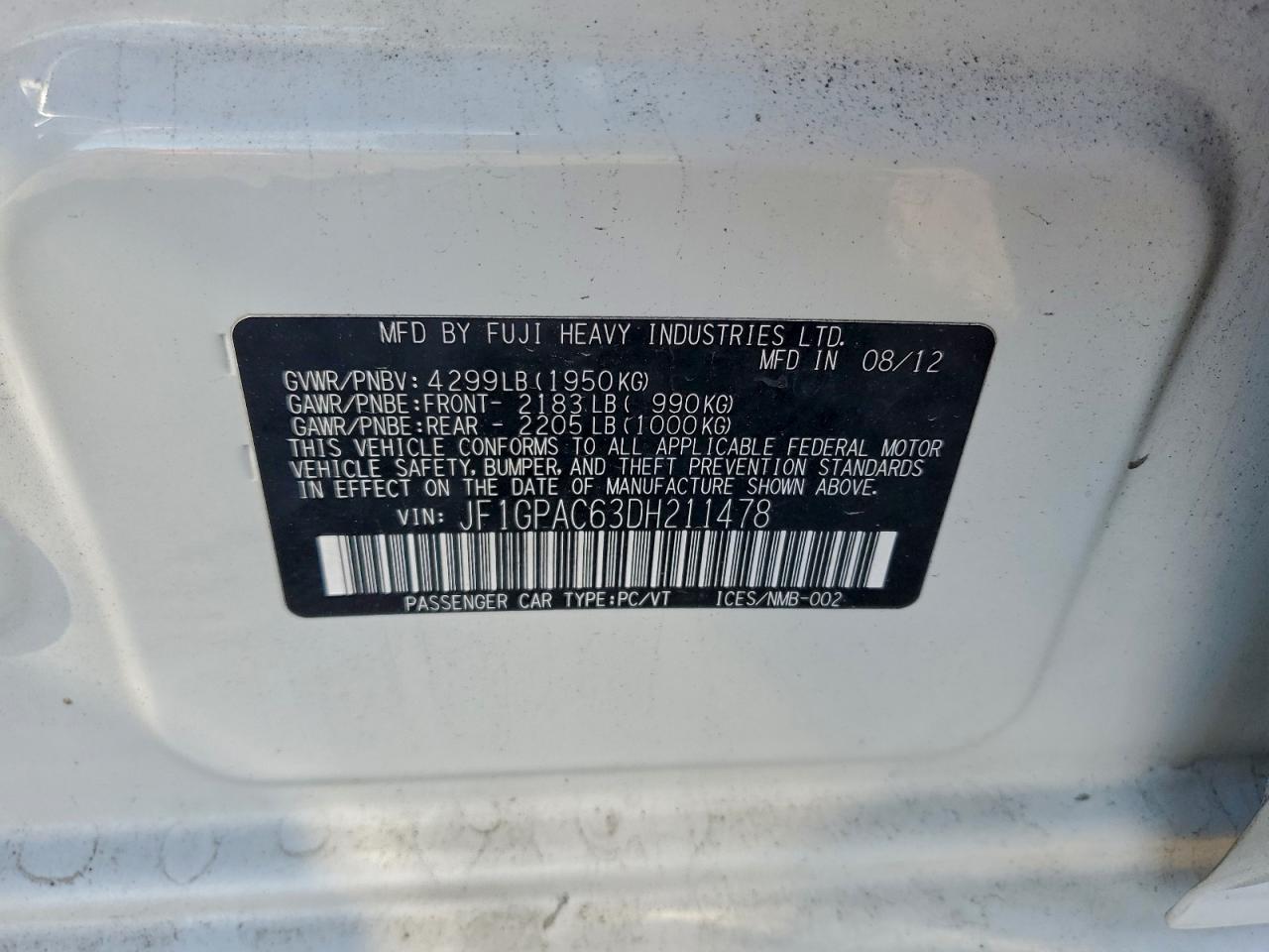 2013 Subaru Impreza Premium VIN: JF1GPAC63DH211478 Lot: 95948935