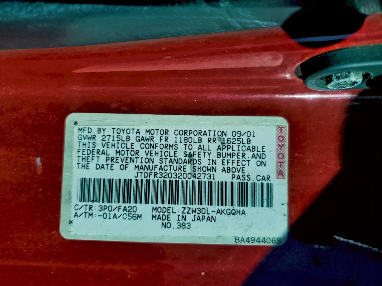 2002 Toyota Mr2 Spyder VIN: JTDFR320320042731 Lot: 94198195