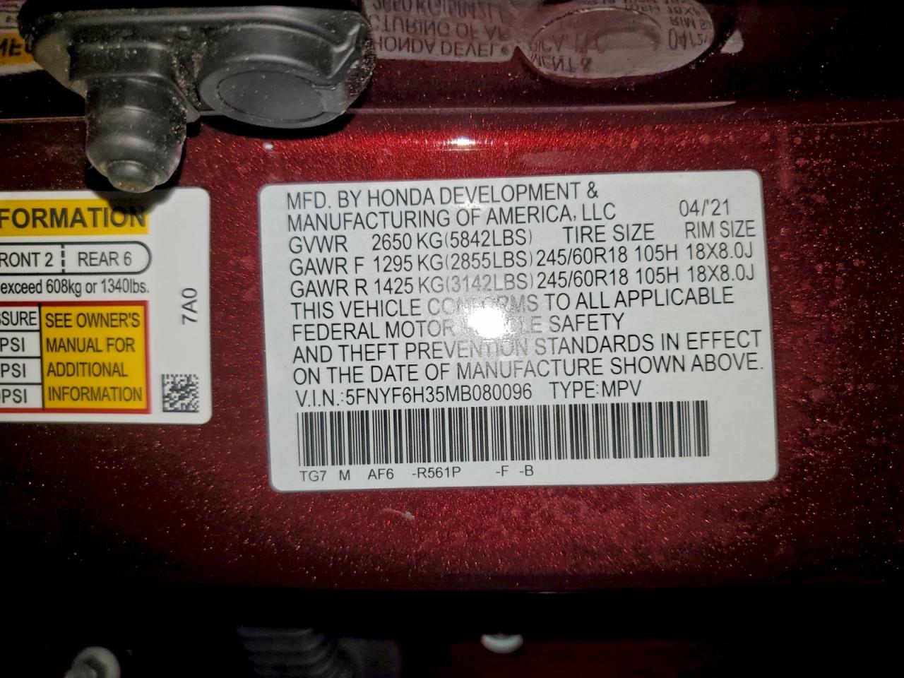 2021 Honda Pilot Ex VIN: 5FNYF6H35MB080096 Lot: 94892855