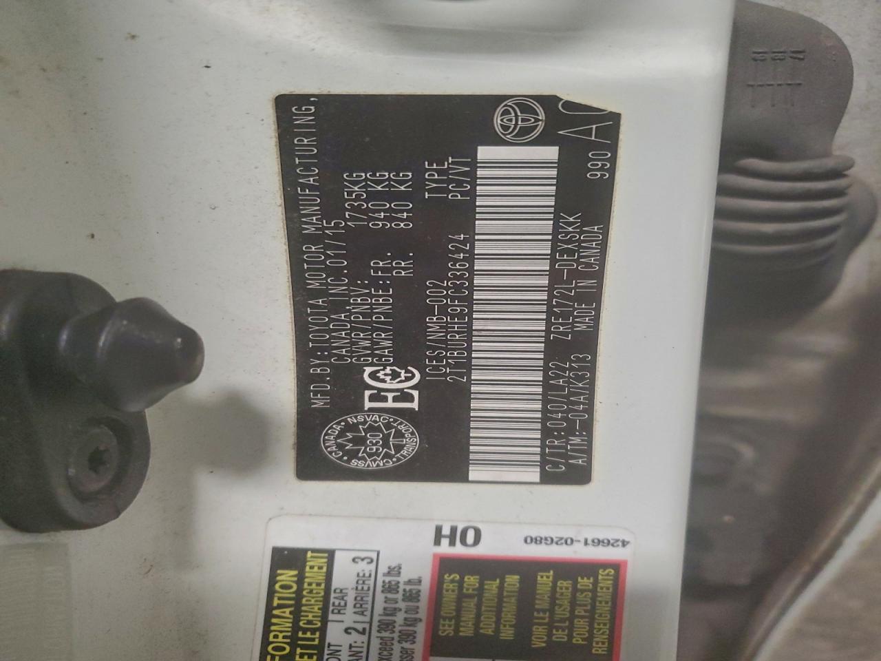 2015 Toyota Corolla L VIN: 2T1BURHE9FC336424 Lot: 95449445