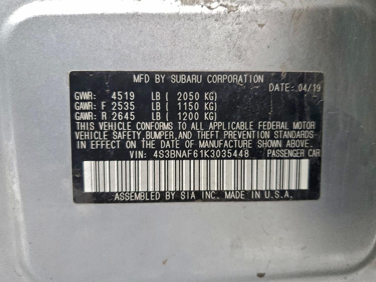 2019 Subaru Legacy 2.5I Premium VIN: 4S3BNAF61K3035448 Lot: 95027215