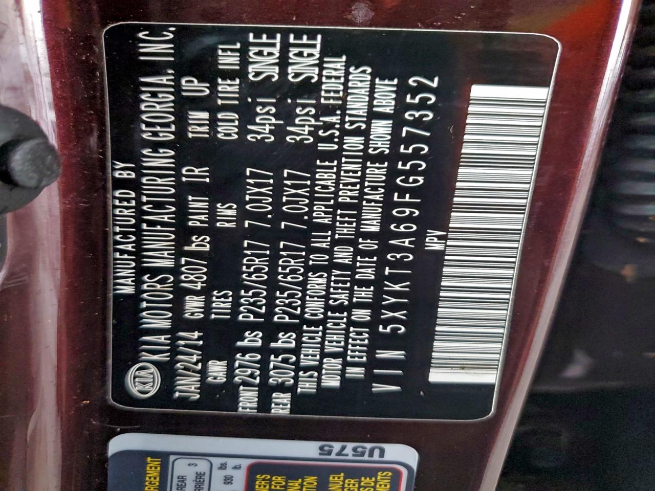 2015 Kia Sorento Lx VIN: 5XYKT3A69FG557352 Lot: 95970105