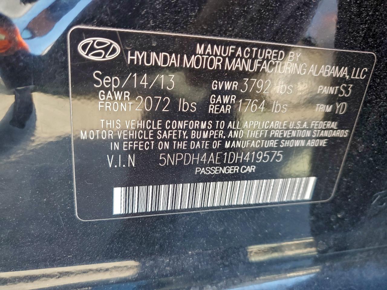 2013 Hyundai Elantra Gls VIN: 5NPDH4AE1DH419575 Lot: 96158835