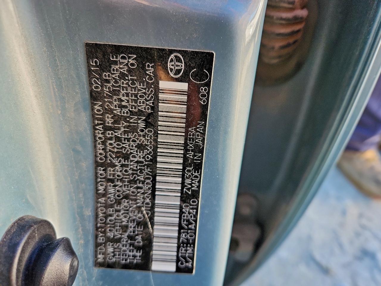 2015 Toyota Prius VIN: JTDKN3DU7F1936550 Lot: 96737295