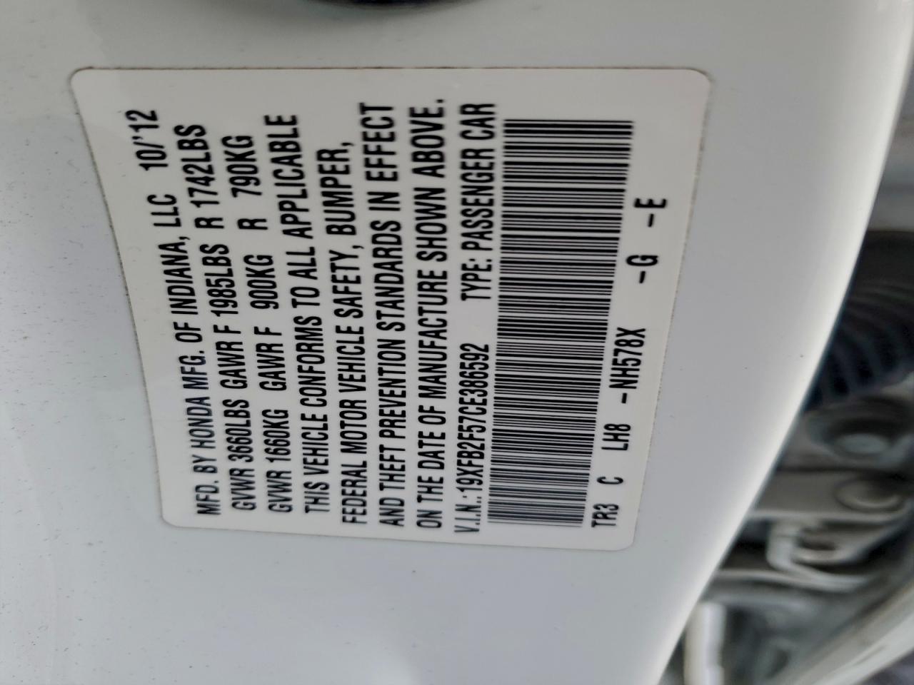 2012 Honda Civic Lx VIN: 19XFB2F57CE386592 Lot: 96235505