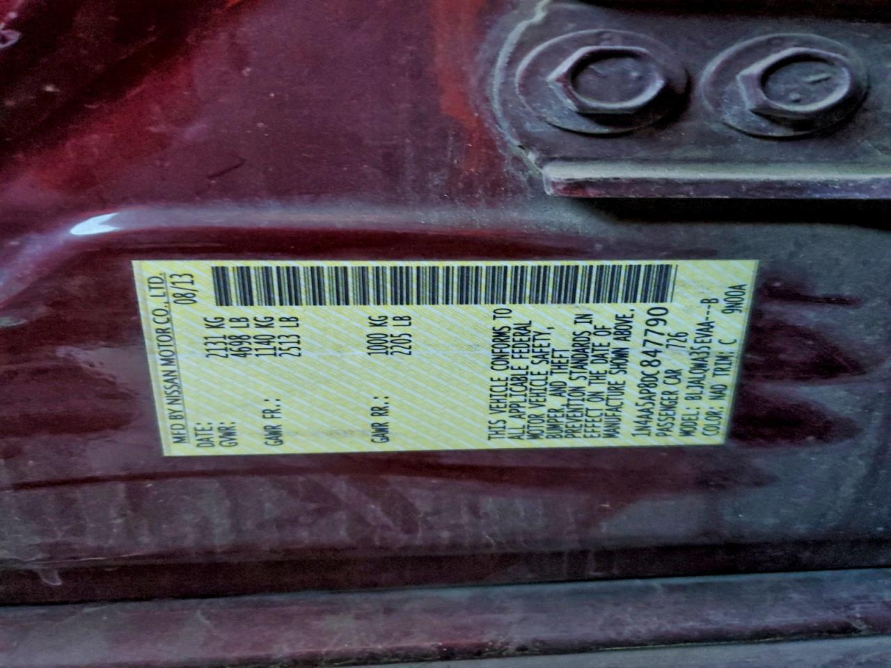 2013 Nissan Maxima S VIN: 1N4AA5AP8DC847790 Lot: 94326015