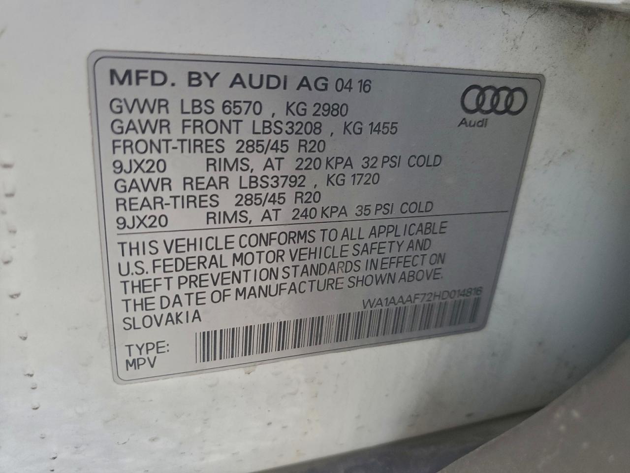 2017 Audi Q7 Premium VIN: WA1AAAF72HD014816 Lot: 95191065