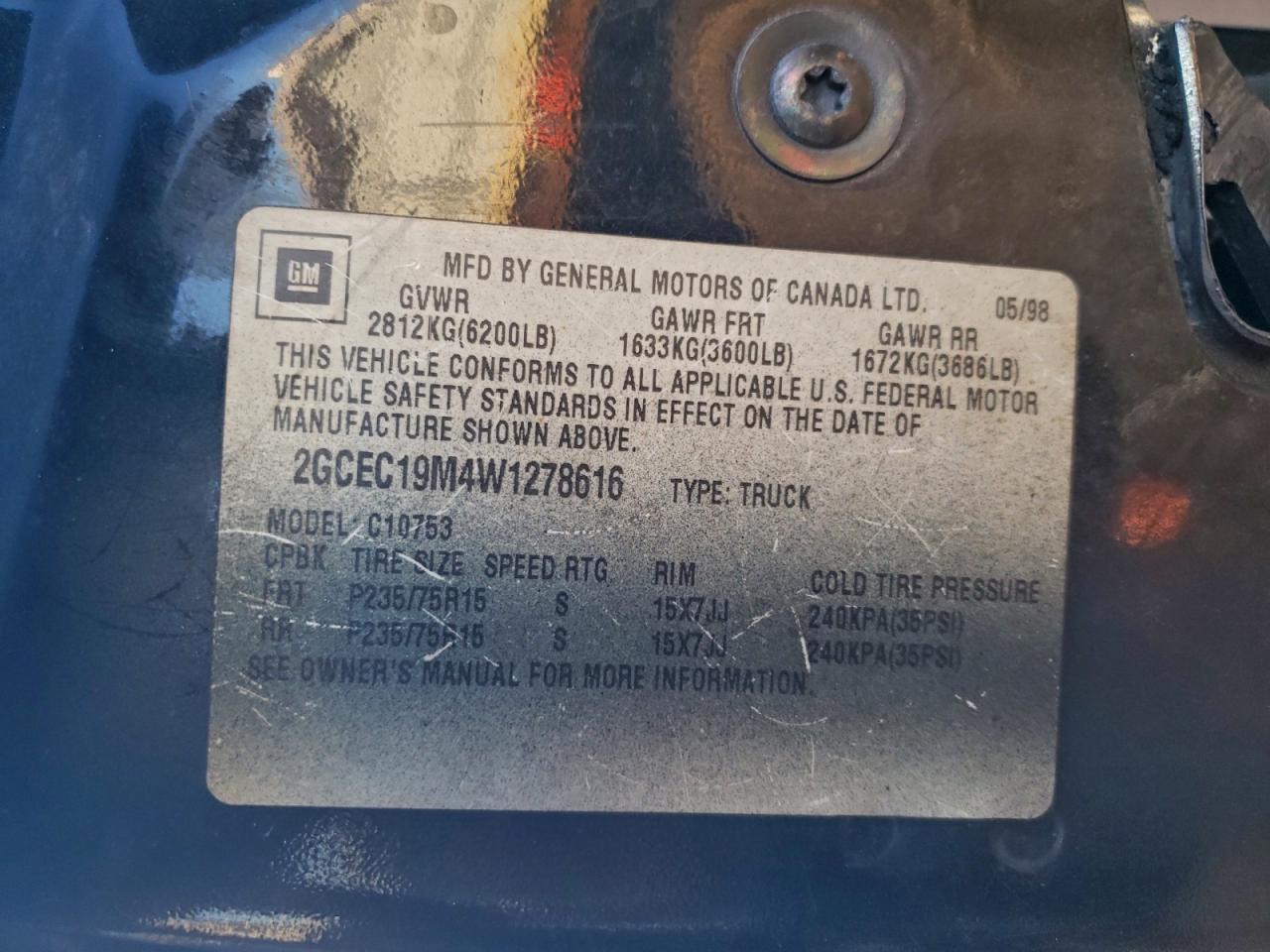 1998 Chevrolet Gmt-400 C1500 VIN: 2GCEC19M4W1278616 Lot: 95132295