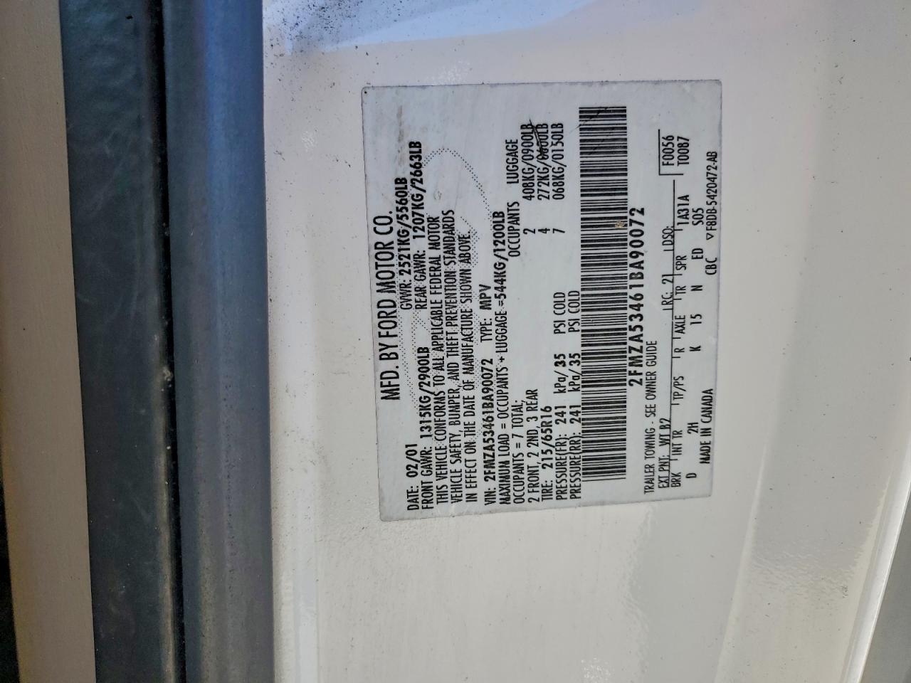 2001 Ford Windstar Sel VIN: 2FMZA53461BA90072 Lot: 93640295