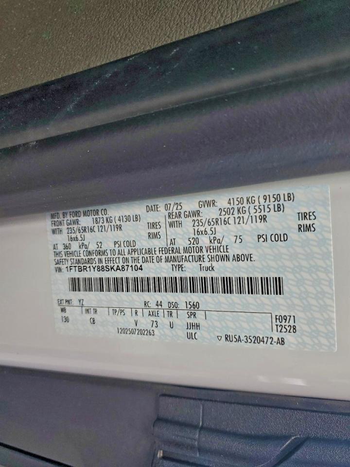 2025 Ford Transit 250 Delivery Van VIN: 1FTBR1Y88SKA87104 Lot: 96097025