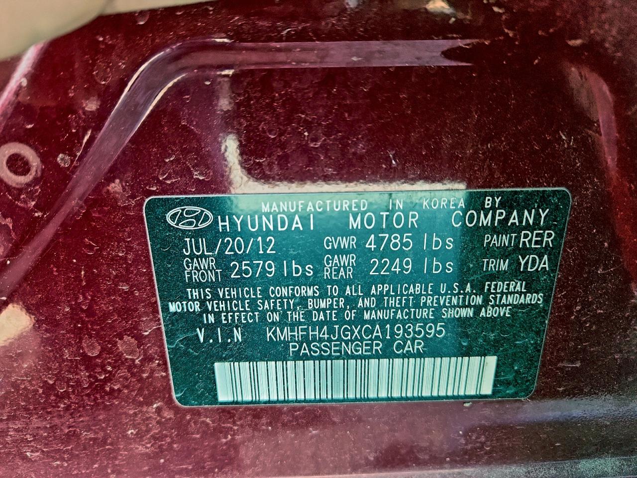 2012 Hyundai Azera Gls VIN: KMHFH4JGXCA193595 Lot: 97164405