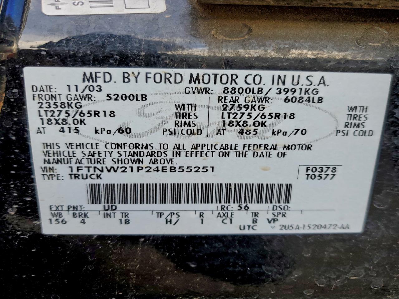 2004 Ford F250 Super Duty VIN: 1FTNW21P24EB55251 Lot: 94389325