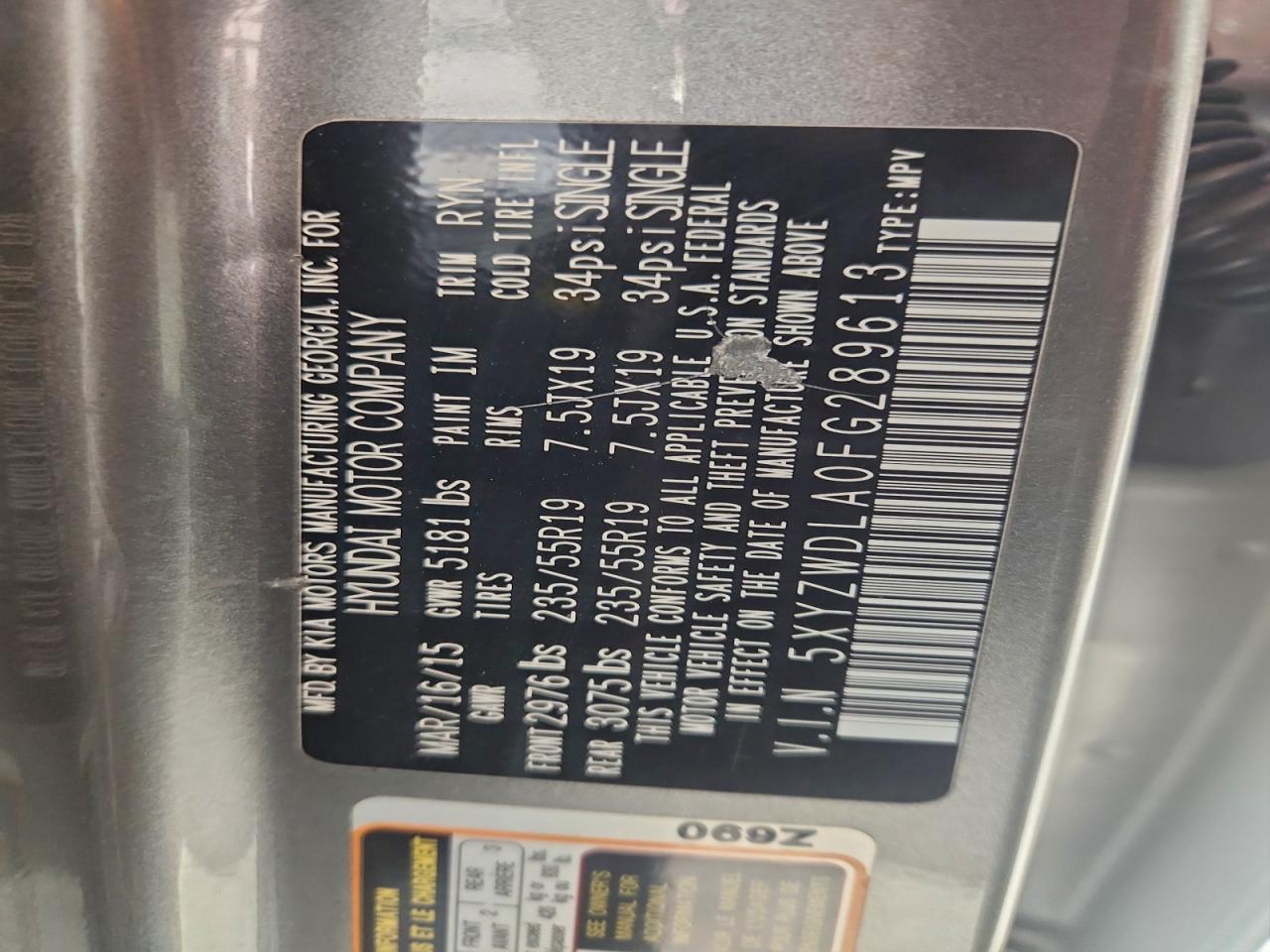 2015 Hyundai Santa Fe Sport VIN: 5XYZWDLA0FG289613 Lot: 96364595