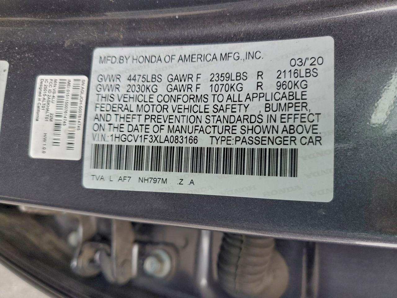 2020 Honda Accord Sport VIN: 1HGCV1F3XLA083166 Lot: 95793645