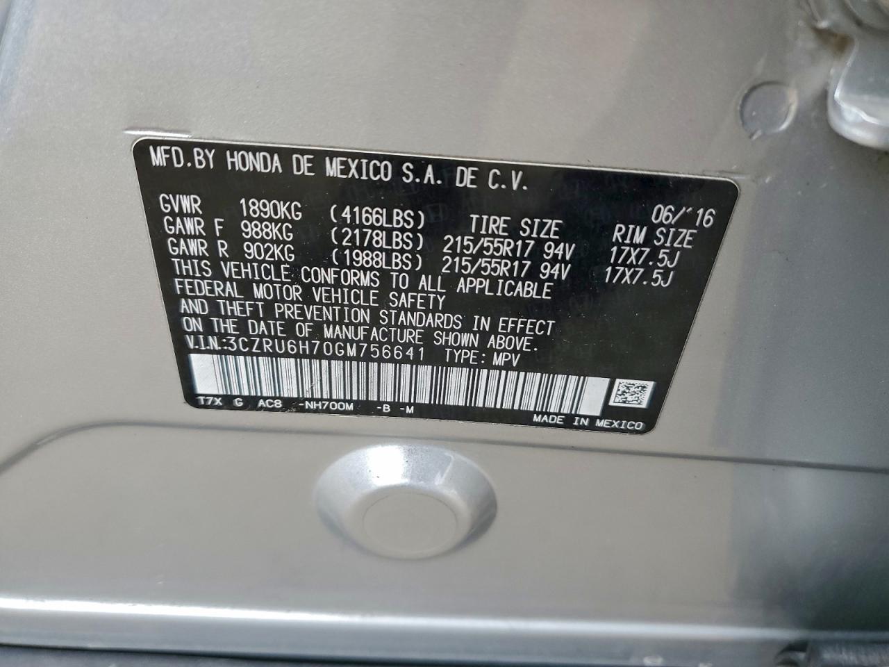 2016 Honda Hr-V Exl VIN: 3CZRU6H70GM756641 Lot: 96231345