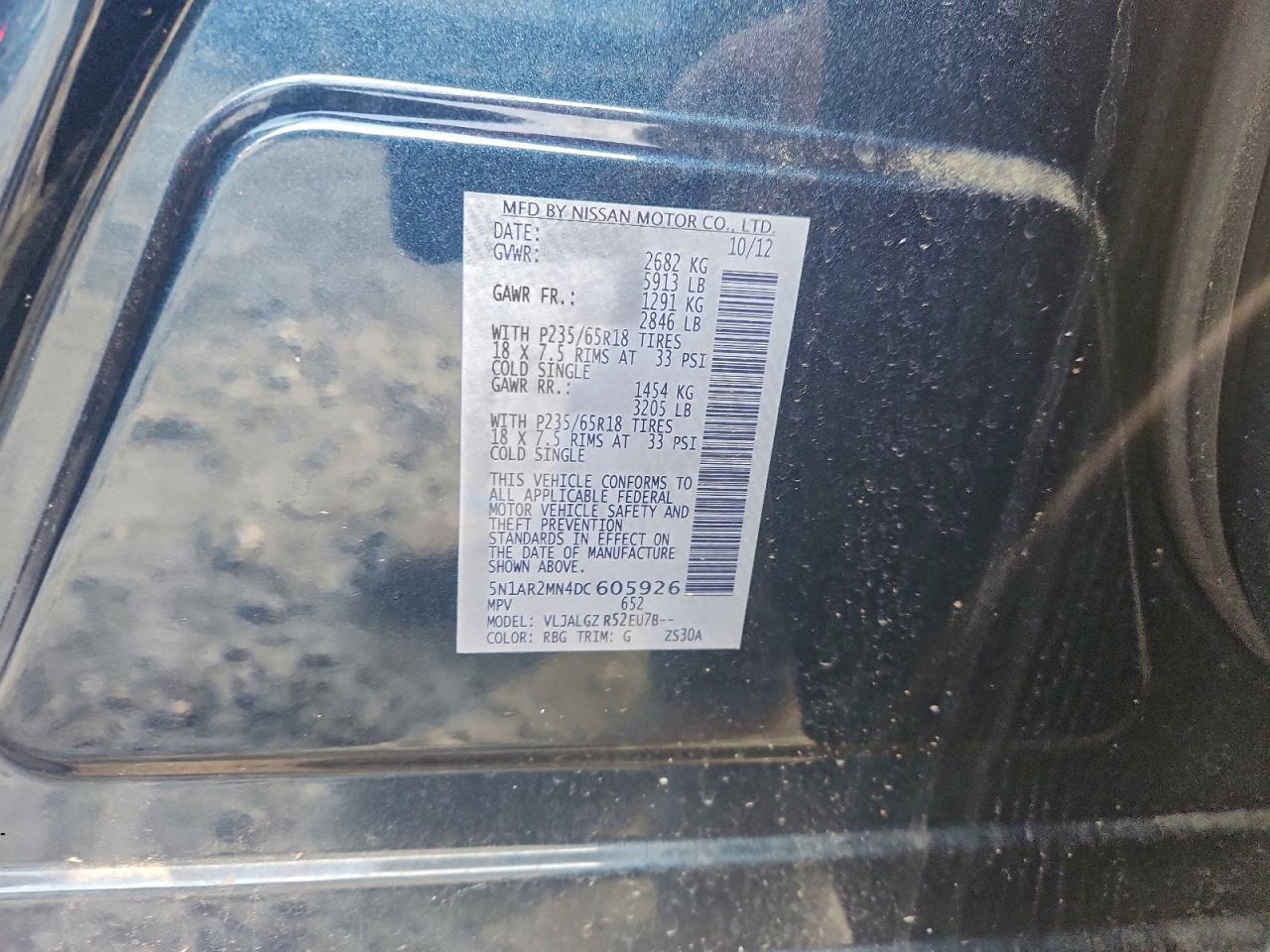 2013 Nissan Pathfinder S VIN: 5N1AR2MN4DC605926 Lot: 95186435