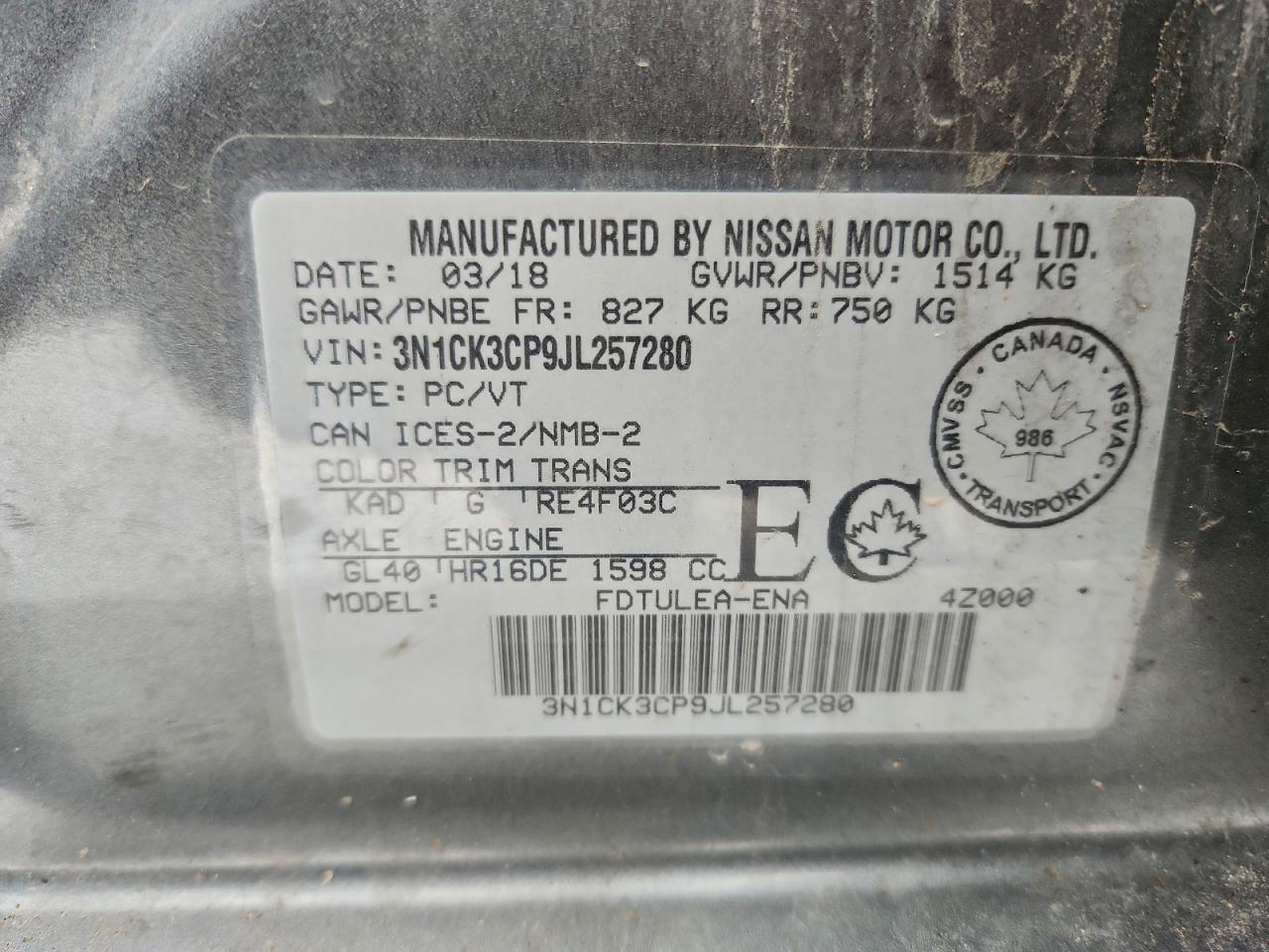 2018 Nissan Micra VIN: 3N1CK3CP9JL257280 Lot: 94745635